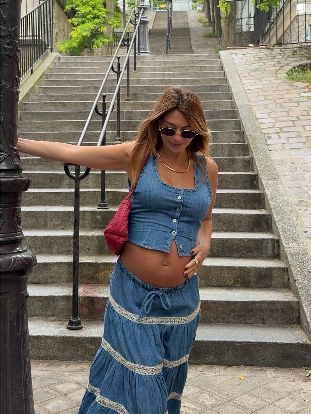 Denim Two-Piece Crop Top & Tiered Midi Skirt Set - Blue